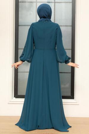 Neva Style - Long Sleeve Petrol Blue Islamic Dress 25819PM - 2