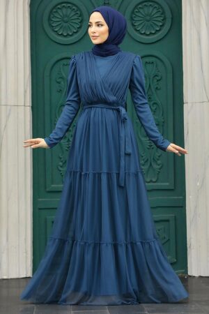 Long Sleeve Petrol Blue Muslim Evening Dress 55621PM - 1