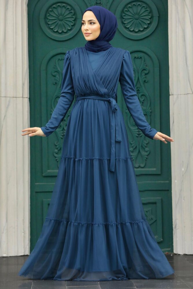 Long Sleeve Petrol Blue Muslim Evening Dress 55621PM - 1