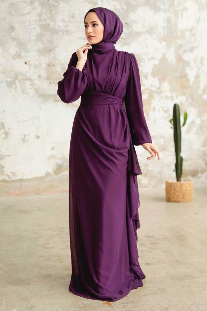 Neva Style - Long Sleeve Plum Color Hijab Modest Dress 5718MU - 2