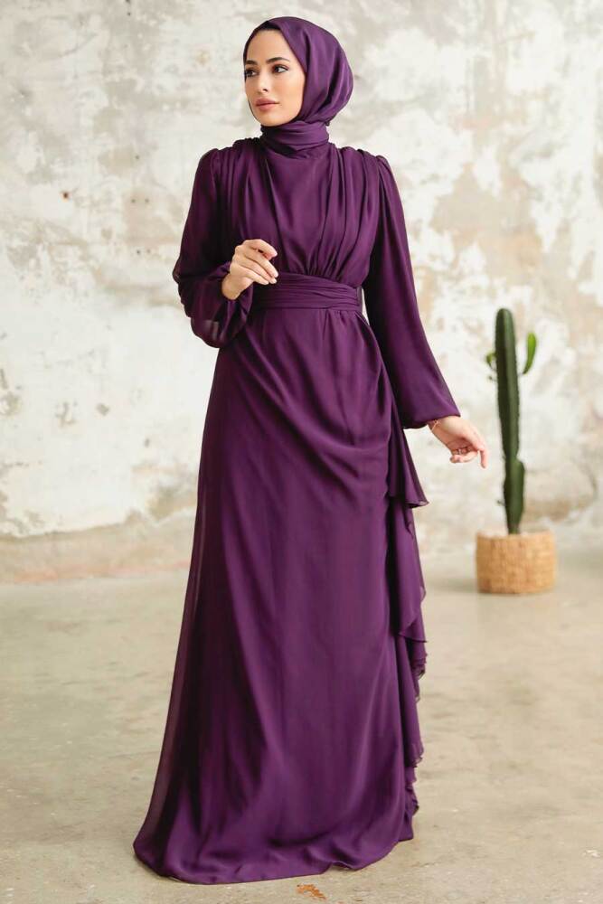 Neva Style - Long Sleeve Plum Color Hijab Modest Dress 5718MU - 3