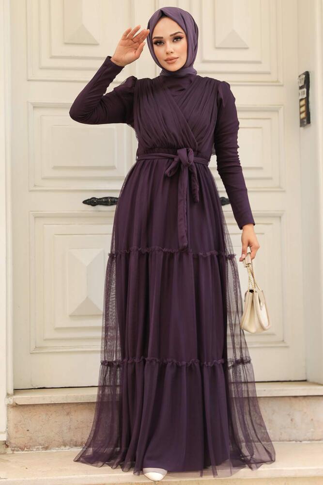Long Sleeve Plum Color Muslim Evening Dress 55621MU - 1