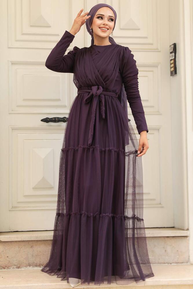 Long Sleeve Plum Color Muslim Evening Dress 55621MU - 2