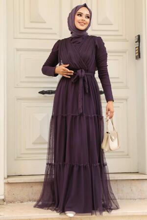 Long Sleeve Plum Color Muslim Evening Dress 55621MU - 3