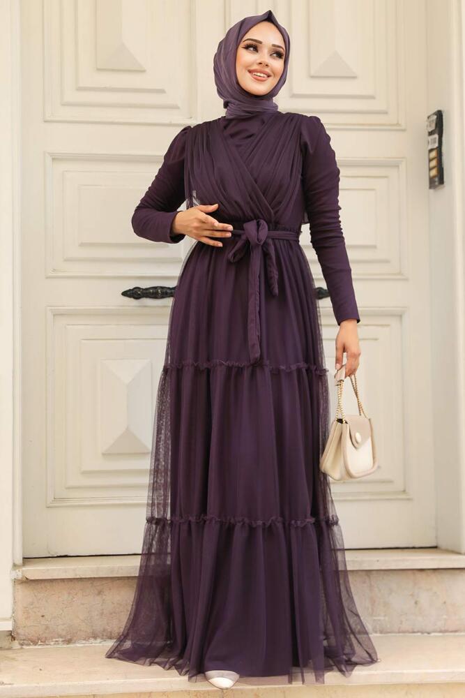Long Sleeve Plum Color Muslim Evening Dress 55621MU - 3