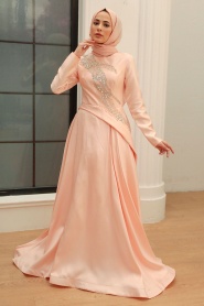 Neva Style - Long Sleeve Powder Pink Islamic Long Sleeve Maxi Dress 234PD - Thumbnail
