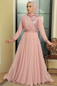 Neva Style - Long Sleeve Powder Pink Muslim Bridal Dress 5793PD - Thumbnail