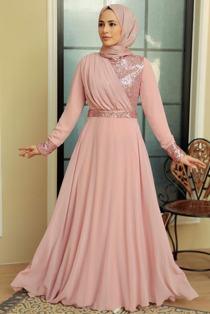 Neva Style - Long Sleeve Powder Pink Muslim Bridal Dress 5793PD - 1