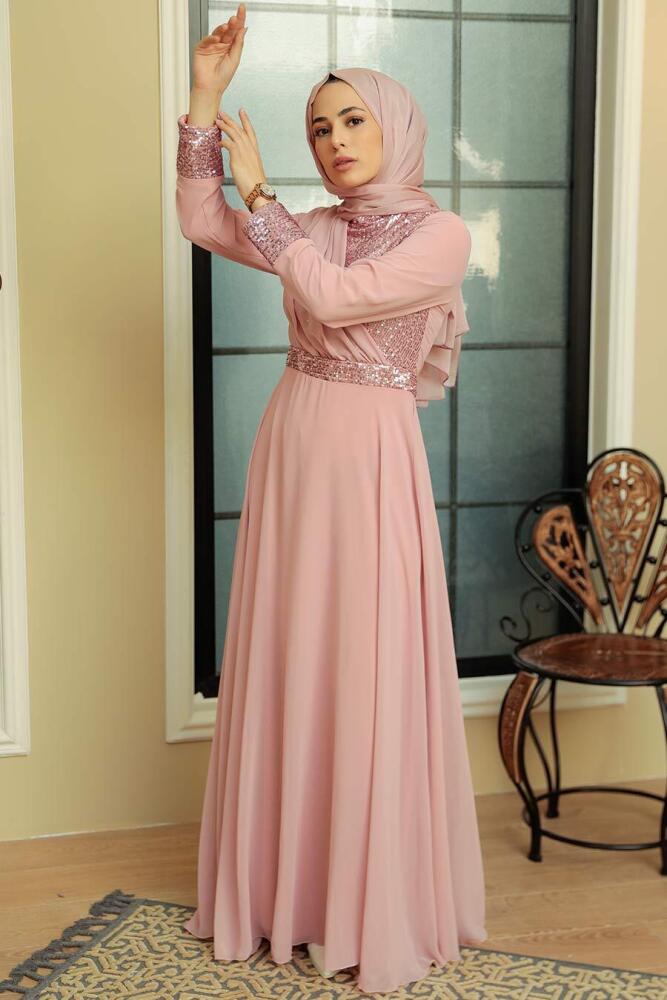 Neva Style - Long Sleeve Powder Pink Muslim Bridal Dress 5793PD - 3