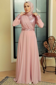 Neva Style - Long Sleeve Powder Pink Muslim Bridal Dress 5793PD - Thumbnail