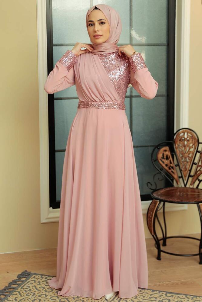 Neva Style - Long Sleeve Powder Pink Muslim Bridal Dress 5793PD - 2