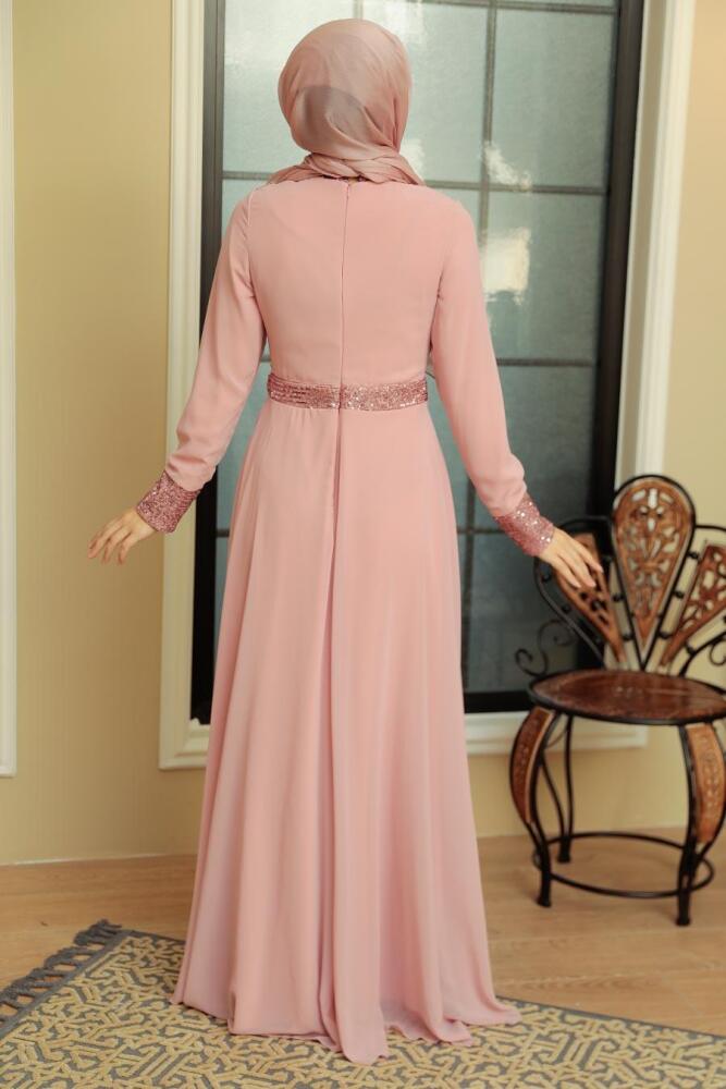 Neva Style - Long Sleeve Powder Pink Muslim Bridal Dress 5793PD - 4