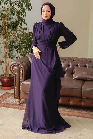 Neva Style - Long Sleeve Purple Hijab Modest Dress 5718MOR - 2