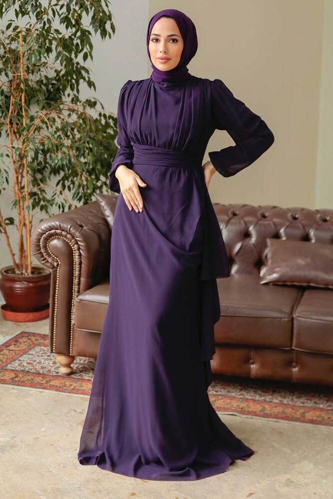 Neva Style - Long Sleeve Purple Hijab Modest Dress 5718MOR - 2