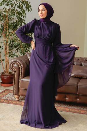 Neva Style - Long Sleeve Purple Hijab Modest Dress 5718MOR - 3