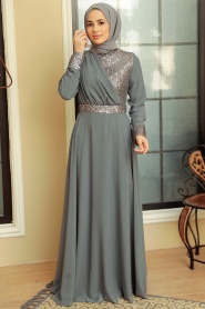 Neva Style - Long Sleeve Smoke Color Muslim Bridal Dress 5793FU - Thumbnail