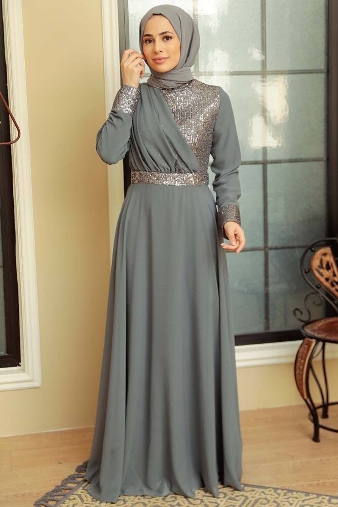 Neva Style - Long Sleeve Smoke Color Muslim Bridal Dress 5793FU - 2