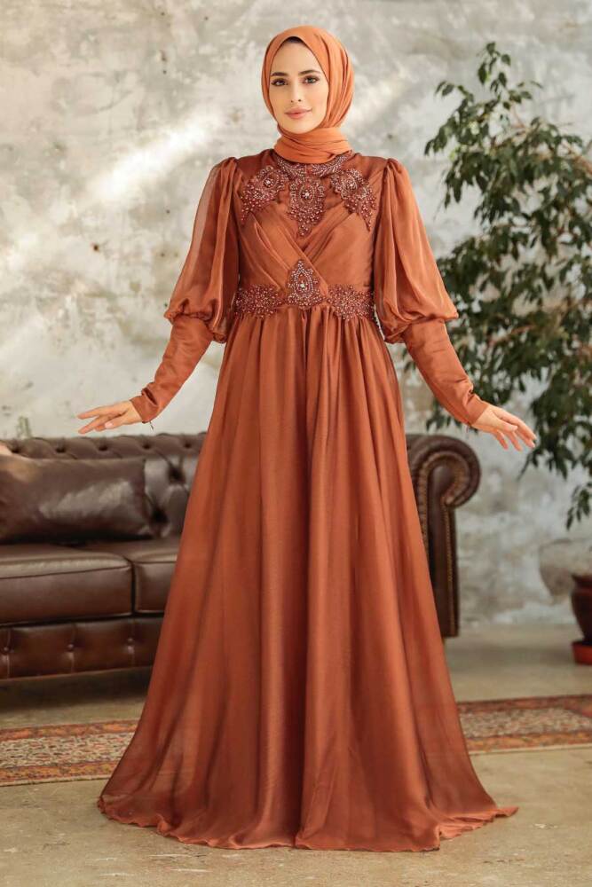 Neva Style - Long Sleeve Sunuff Colored Muslim Evening Dress 25822TB - 1
