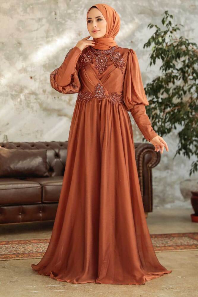 Neva Style - Long Sleeve Sunuff Colored Muslim Evening Dress 25822TB - 2