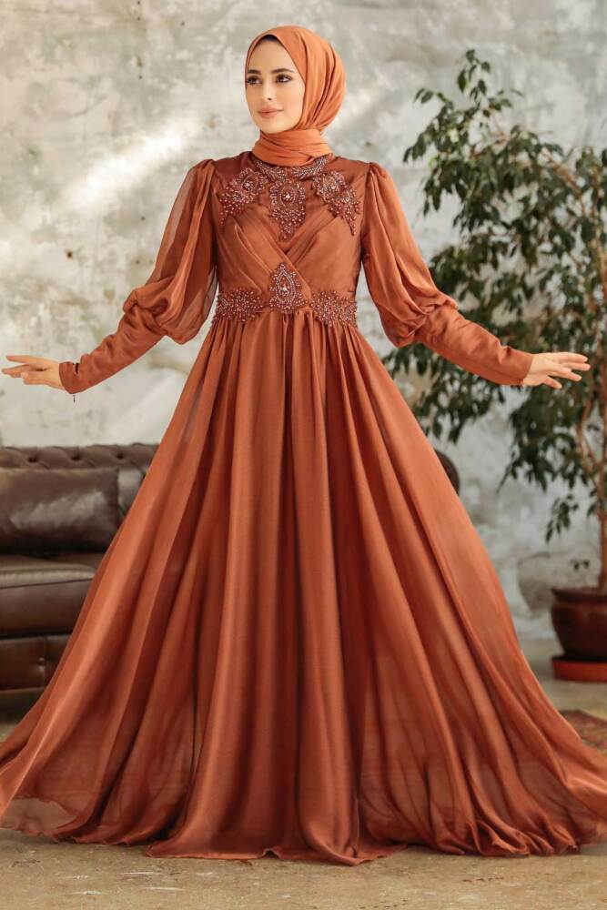 Neva Style - Long Sleeve Sunuff Colored Muslim Evening Dress 25822TB - 3
