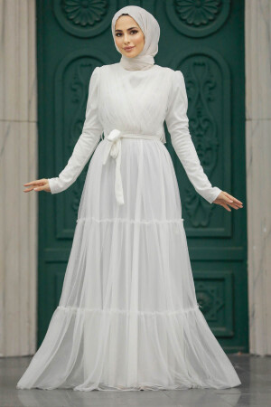 Neva Style - Long Sleeve White Muslim Evening Dress 55621B - Thumbnail