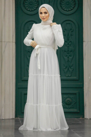 Neva Style - Long Sleeve White Muslim Evening Dress 55621B - Thumbnail