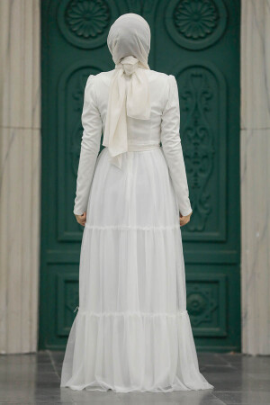 Neva Style - Long Sleeve White Muslim Evening Dress 55621B - Thumbnail