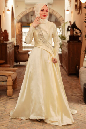 Neva Style - Long Sleeve Yellow Islamic Long Sleeve Maxi Dress 234SR - Thumbnail