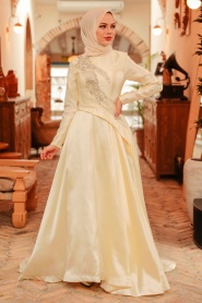 Neva Style - Long Sleeve Yellow Islamic Long Sleeve Maxi Dress 234SR - Thumbnail