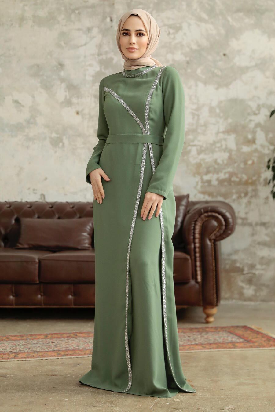 Neva Style - Long Sleeve Khaki Muslim Evening Gown 37261HK