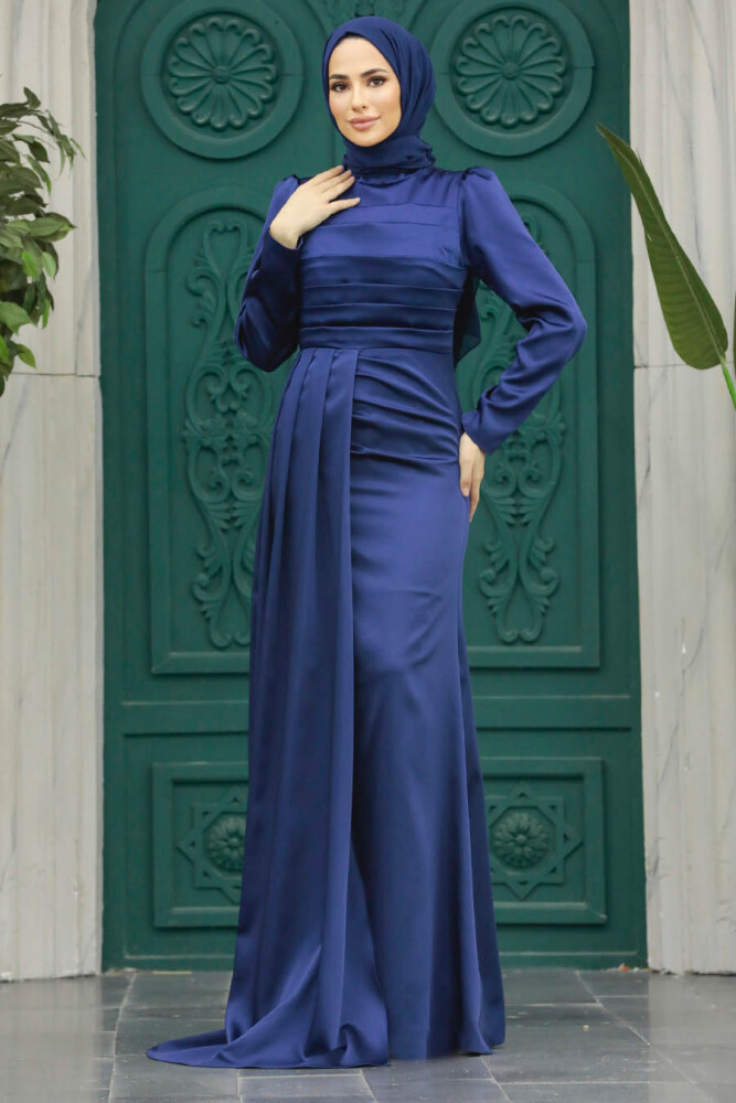 Long Sleve Navy Blue Islamic Clothing Prom Dress 23021L - 2