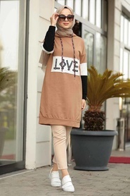 Neva Style - Love Yazılı Camel Tesettür Sweatshirt 1160C - Thumbnail
