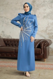 Neva Style - Luxorious İndigo Blue Muslim Evening Dress 38102IM - Thumbnail