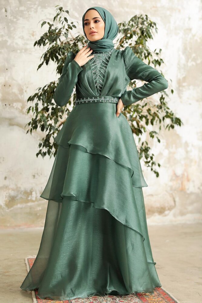 Neva Style - Luxorious Almond Green Islamic Clothing Evening Dress 38221CY - 1