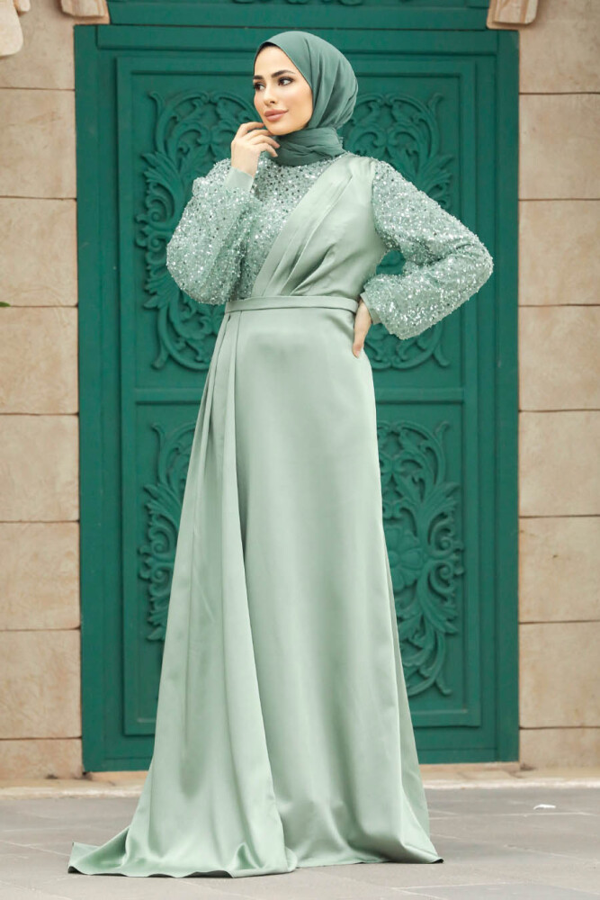 Luxorious Almond Green Muslim Bridesmaid Dress 2311CY - 3