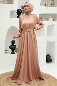Neva Style - Luxorious Beige Hijab Engagement Dress 3378BEJ - Thumbnail