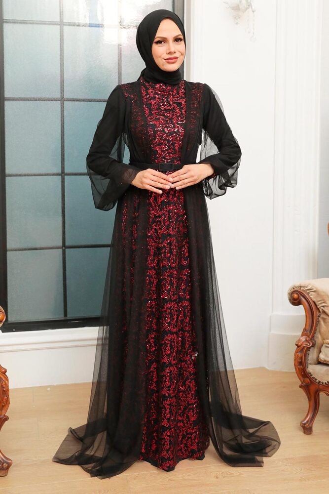 Neva Style - Luxorious Black Claret Red Islamic Evening Gown 5383SBR - 1