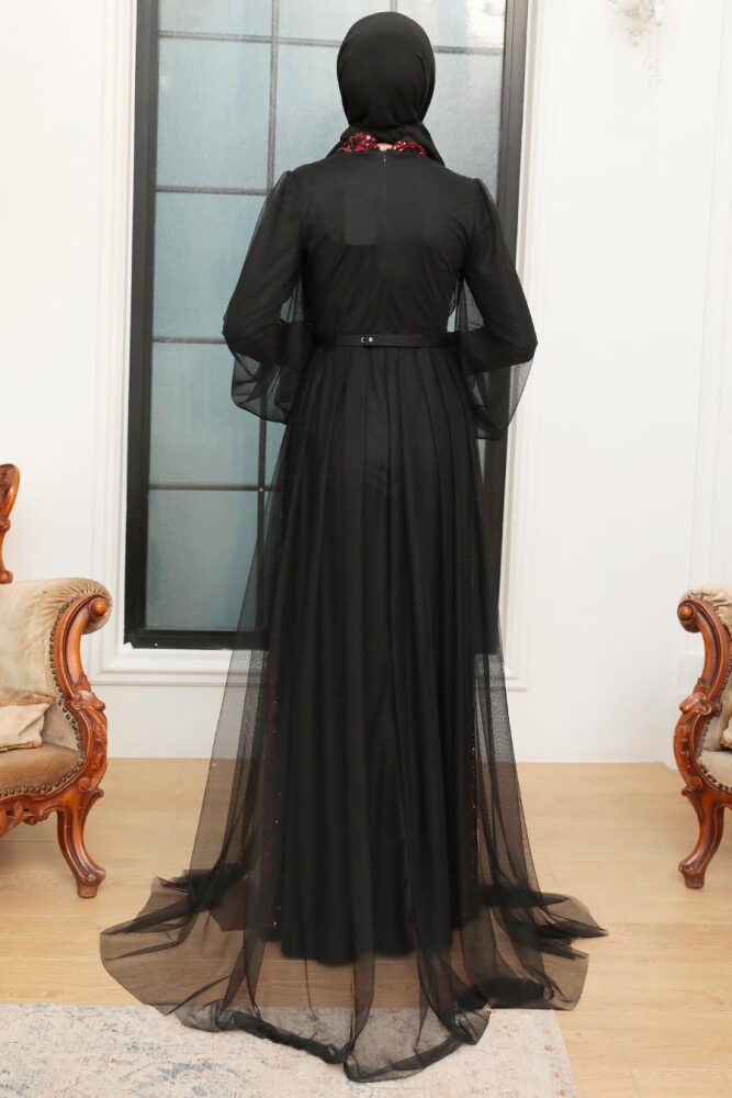 Neva Style - Luxorious Black Claret Red Islamic Evening Gown 5383SBR - 2