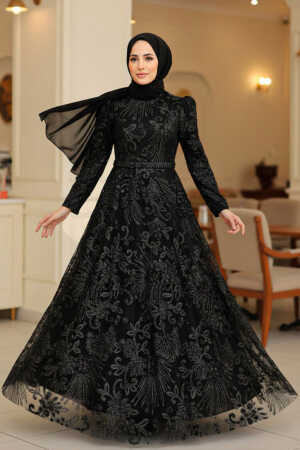 Neva Style - Luxorious Black Hijab Engagement Gown 22662S - 1