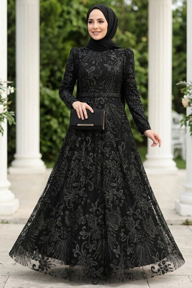 Neva Style - Luxorious Black Hijab Engagement Gown 22662S - 1