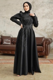 Neva Style - Luxorious Black Islamic Evening Dress 3915S - Thumbnail