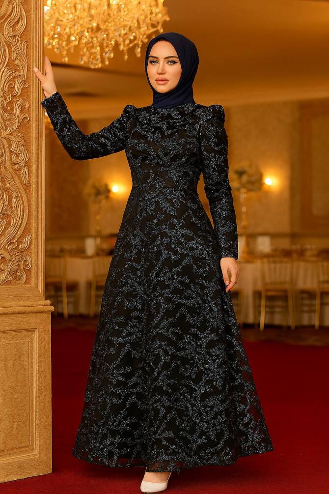 Neva Style - Luxorious Black Modest Prom Dress 3330S - TESETTÜRLÜ ABİYE ELBİSELER