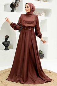 Neva Style - Luxorious Brown Hijab Engagement Dress 3378KH - Thumbnail