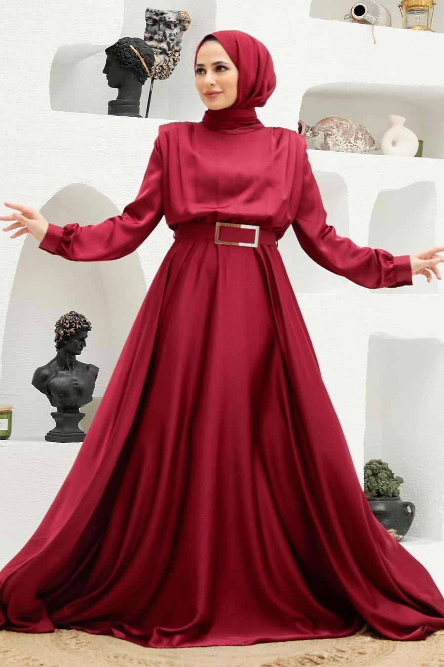 Neva Style - Luxorious Claret Red Hijab Engagement Dress 3378BR