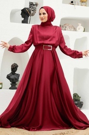 Neva Style - Luxorious Claret Red Hijab Engagement Dress 3378BR - Thumbnail