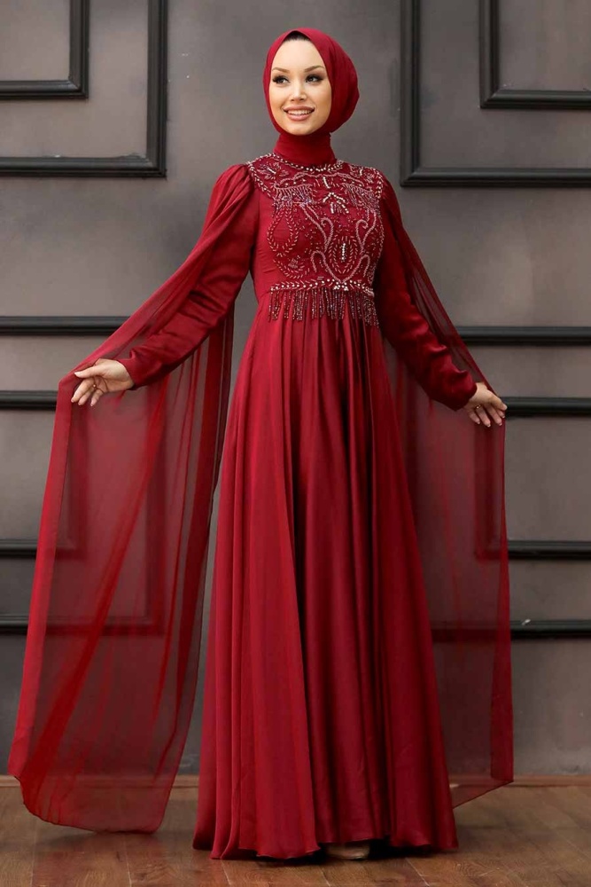 Neva Style - Luxorious Claret Red Islamic Clothing Evening Dress 22162BR - 1