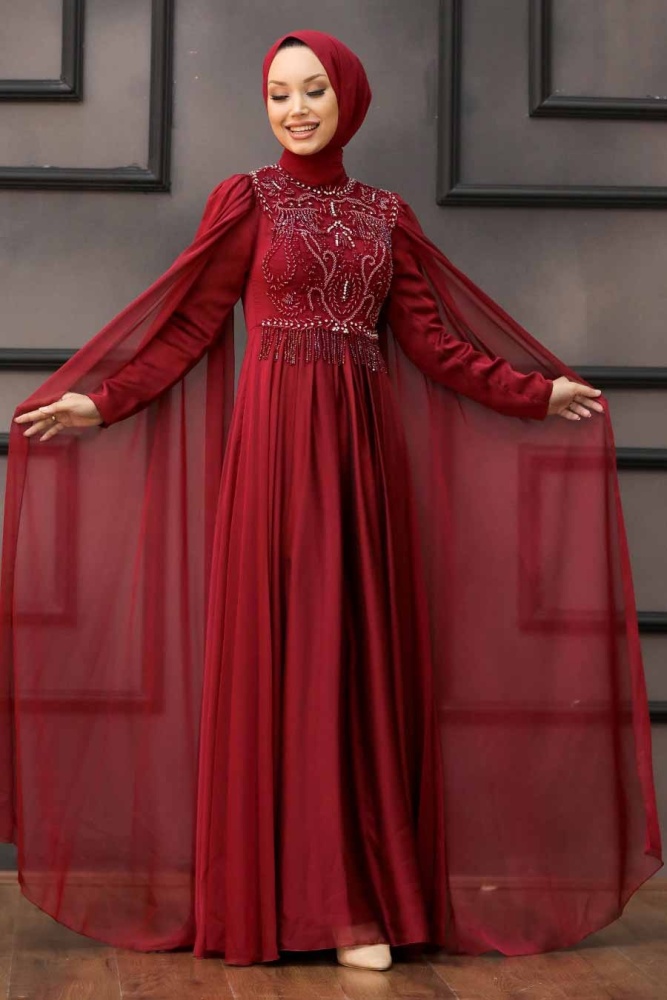 Neva Style - Luxorious Claret Red Islamic Clothing Evening Dress 22162BR - 2