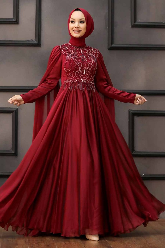 Neva Style - Luxorious Claret Red Islamic Clothing Evening Dress 22162BR - 3