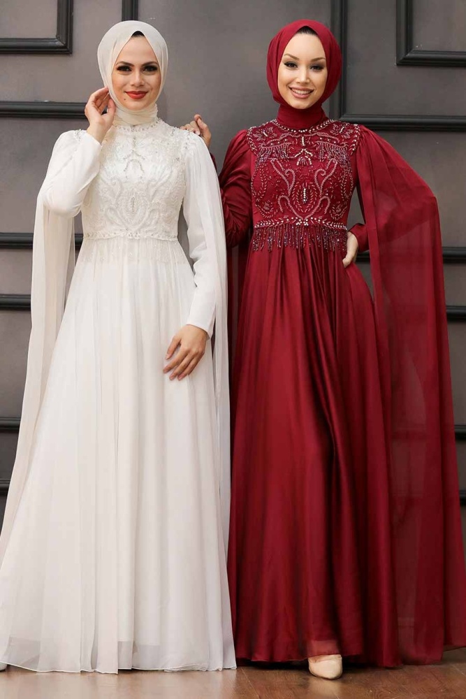 Neva Style - Luxorious Claret Red Islamic Clothing Evening Dress 22162BR - 4