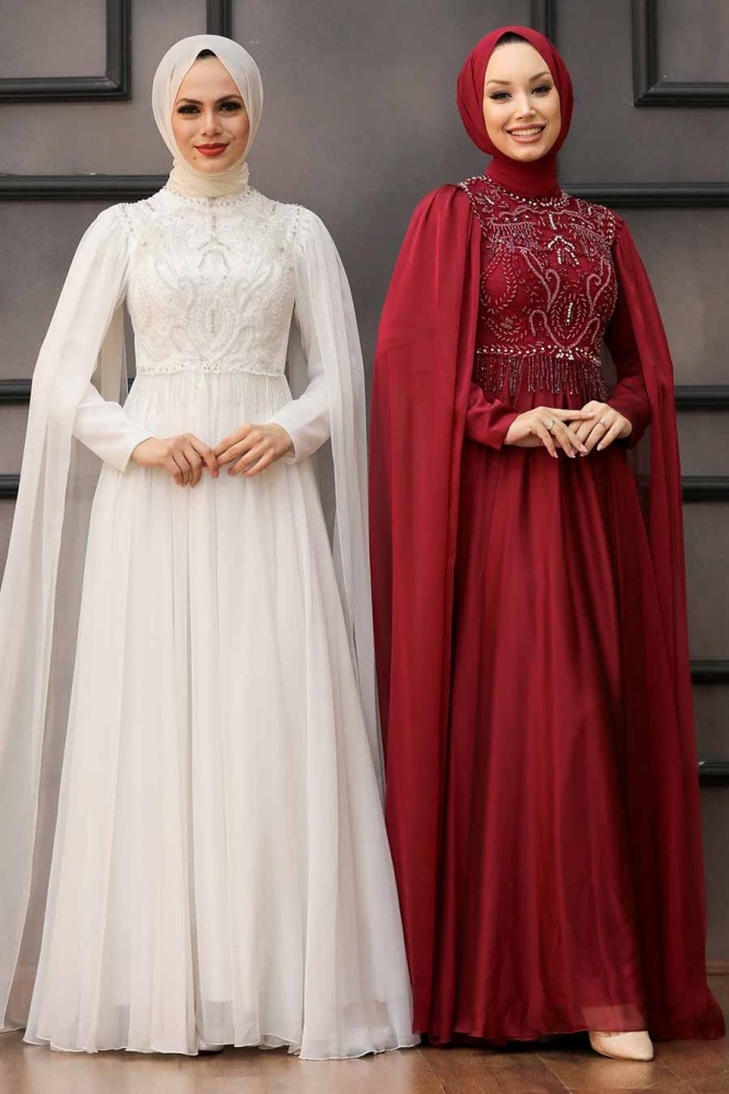 Neva Style - Luxorious Claret Red Islamic Clothing Evening Dress 22162BR - 5